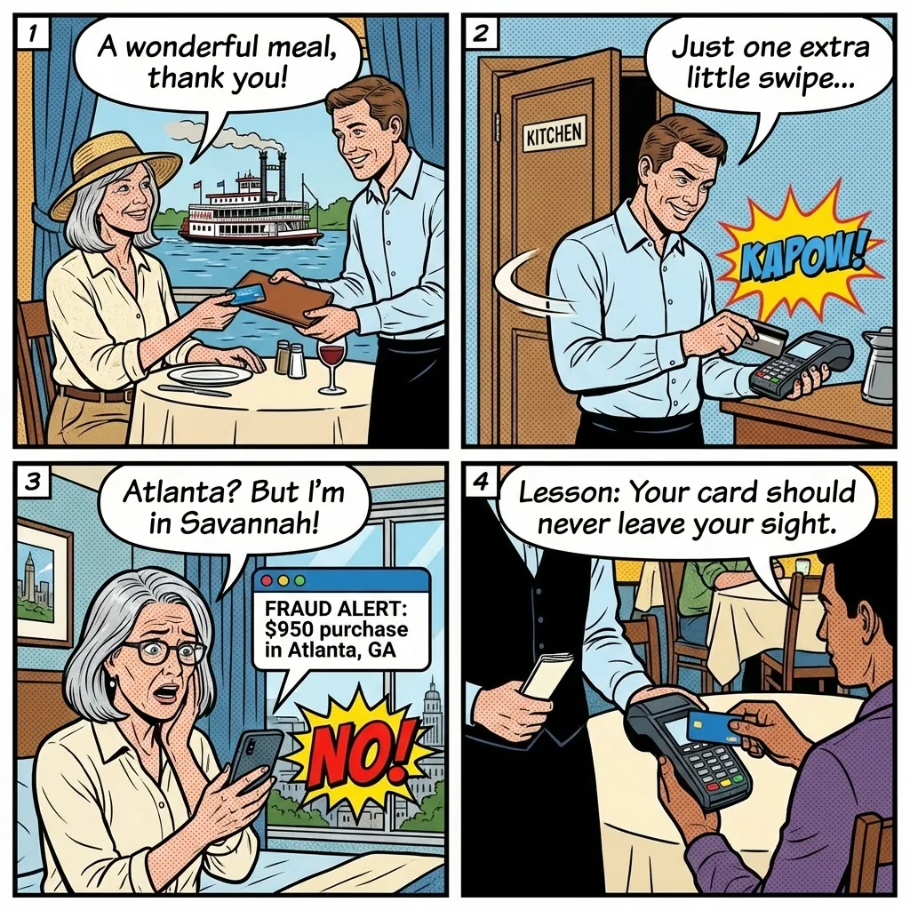 Downtown Savannah Restaurant Credit-Card Skimming — comic illustration