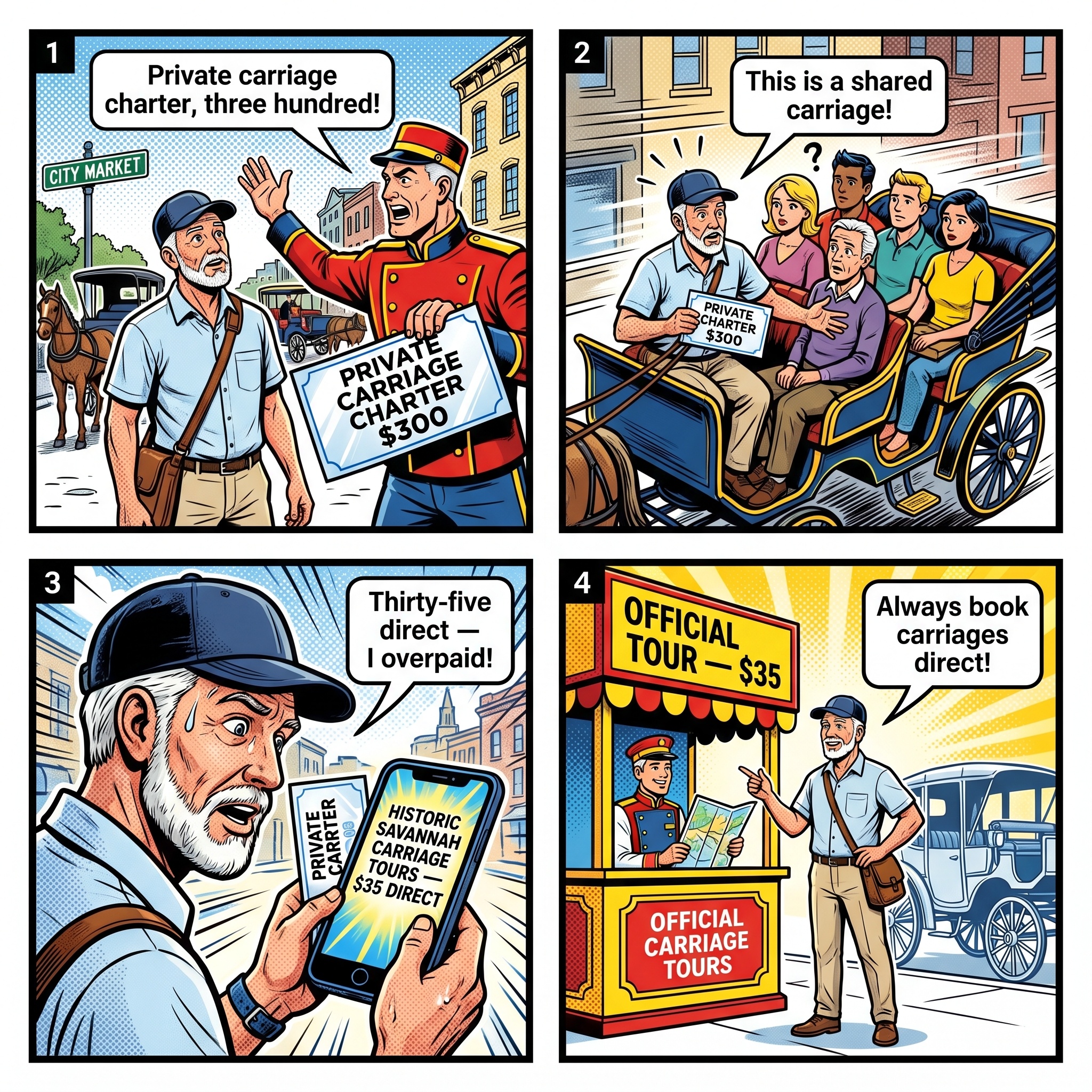 Savannah Horse Carriage Tour Upsell & Animal-Welfare Concerns — comic illustration