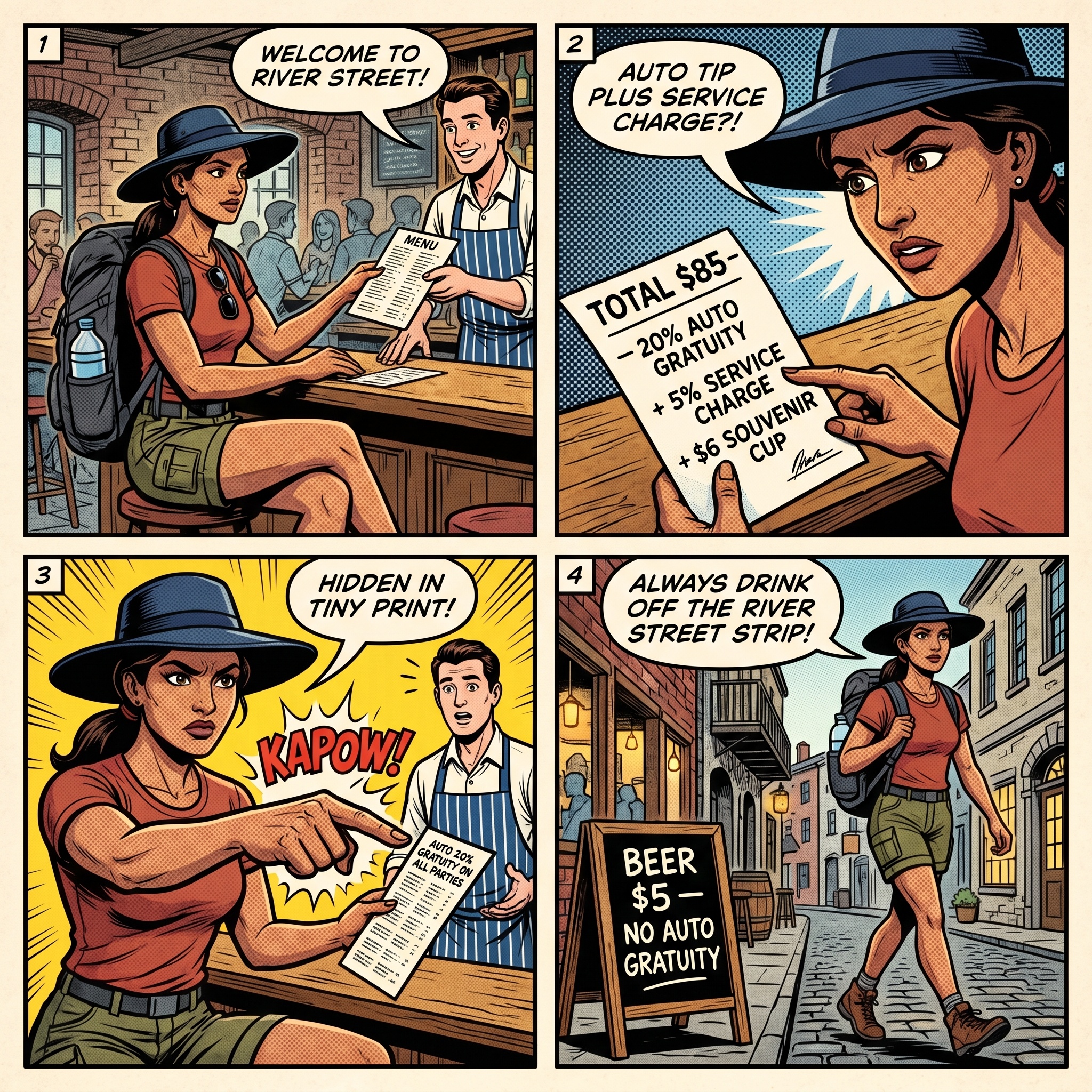 River Street Bar & Restaurant Auto-Gratuity & Overpriced Drink Scam — comic illustration
