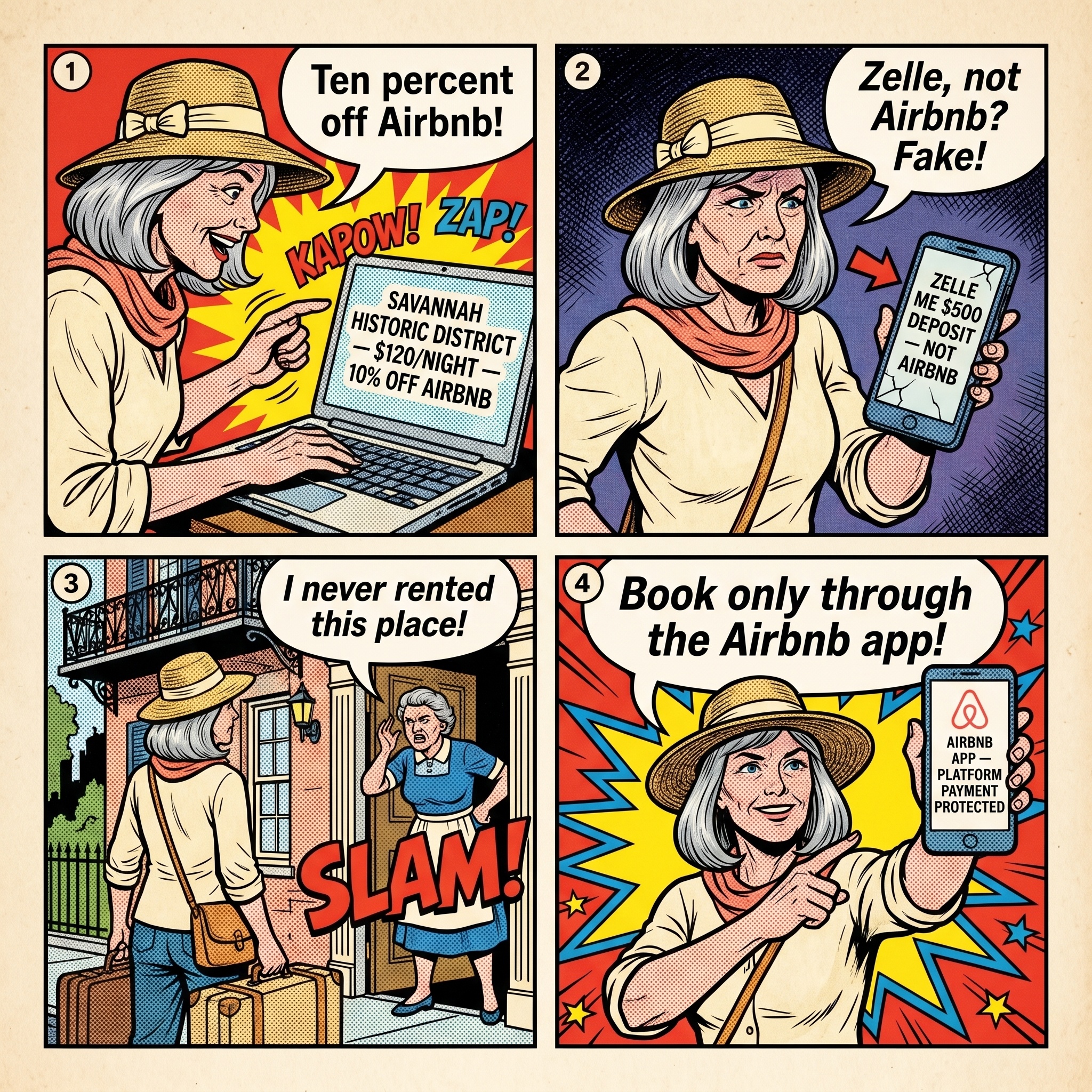 Savannah Short-Term Rental & Airbnb Off-Platform Booking Fraud — comic illustration