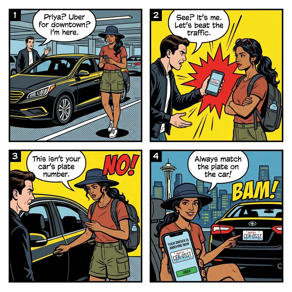 SeaTac Airport Fake Uber & A1 Taxi Overcharge — comic illustration
