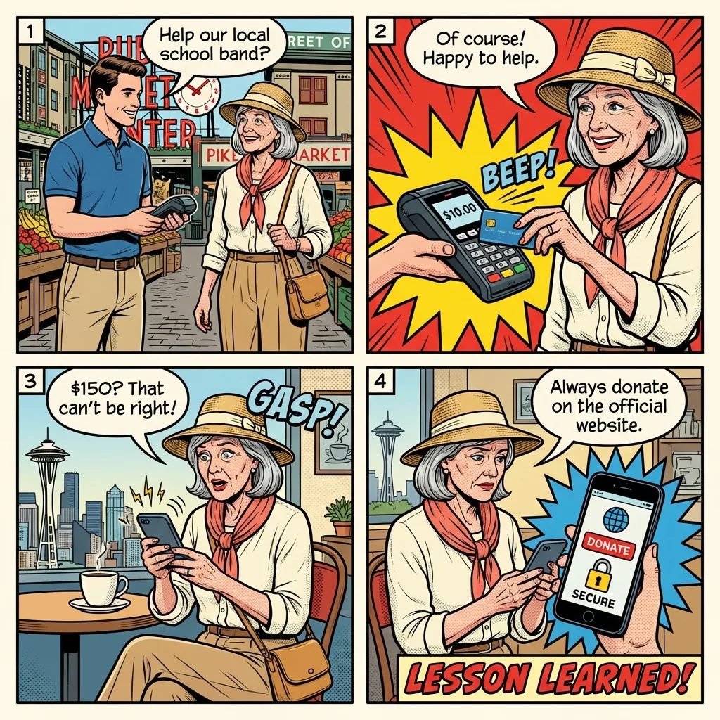 Downtown 'Kids' Charity' Donation & Tap-to-Pay Scam — comic illustration