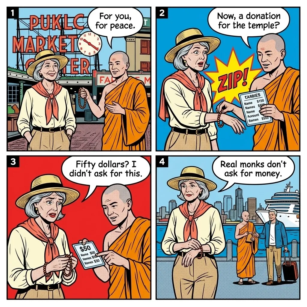 Pike Place & Downtown 'Monk' Bracelet Donation Scam — comic illustration