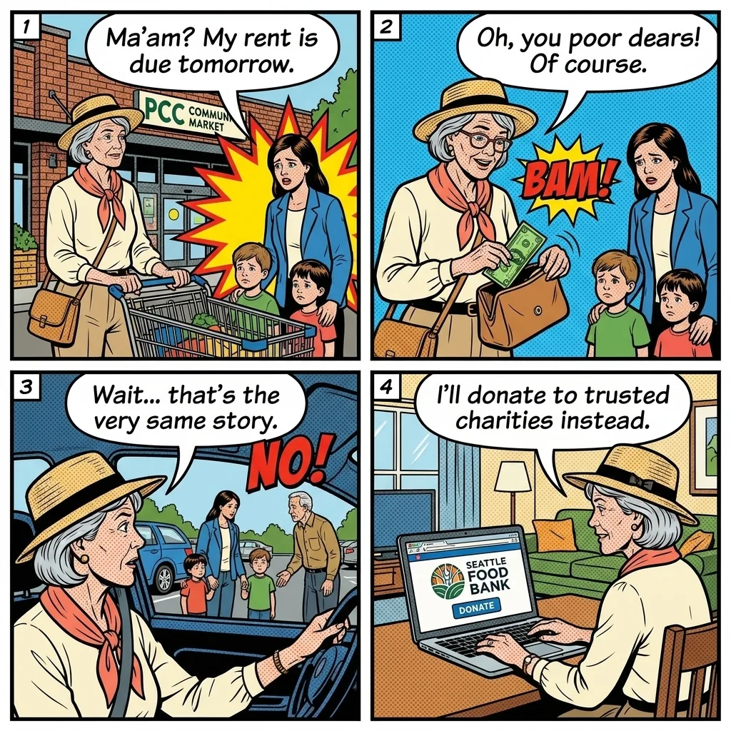 Mom-and-Kid Grocery Store & Door-to-Door Panhandling — comic illustration