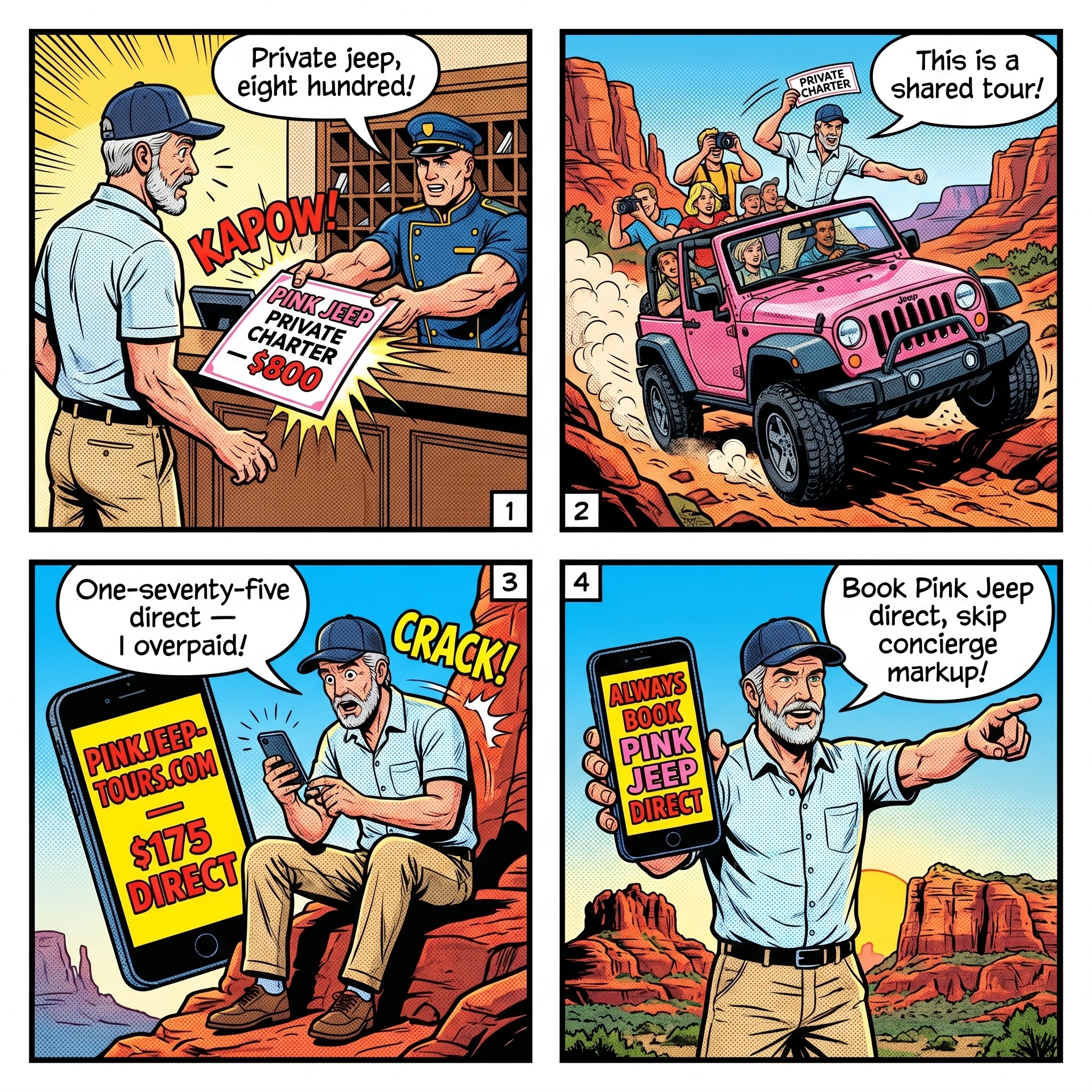 Sedona Pink Jeep Tour & Off-Road Package Upsell — comic illustration