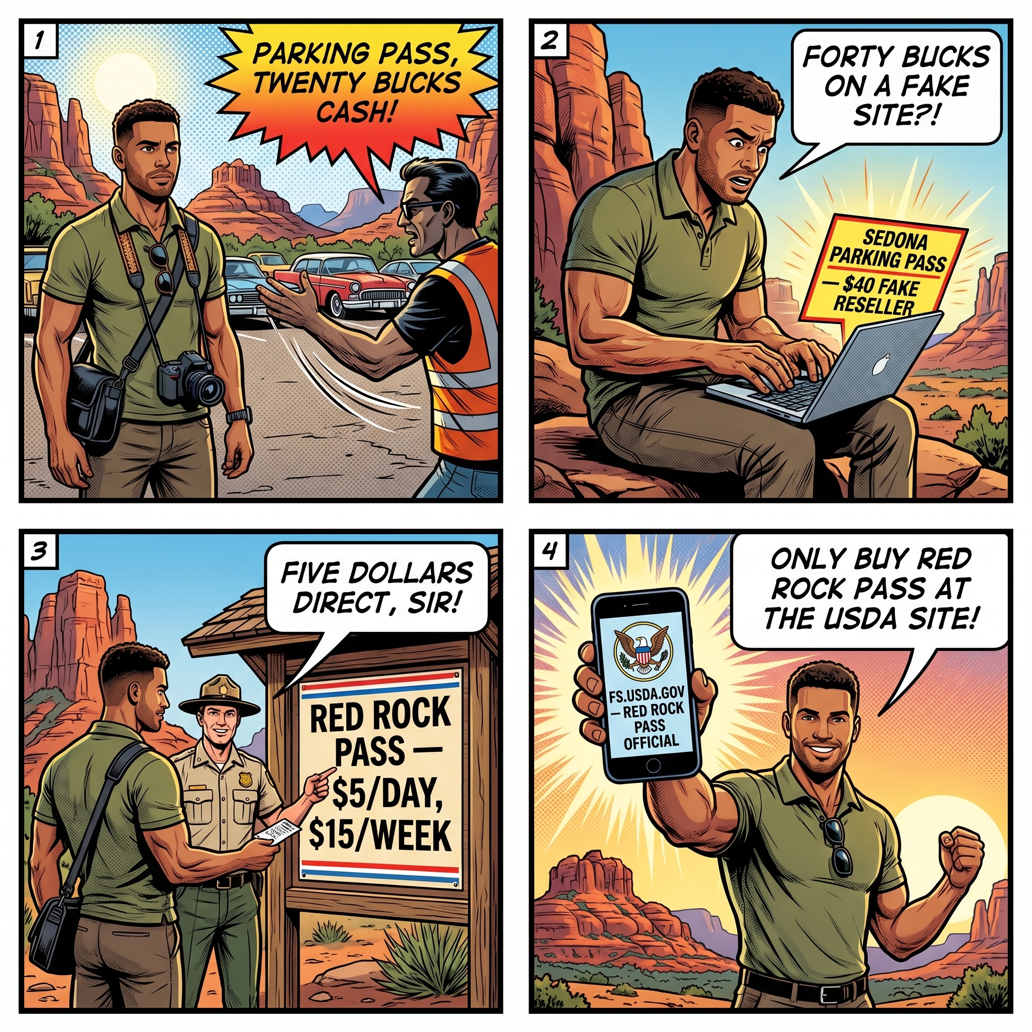 Sedona Red Rock Pass & Parking Ticket Confusion — comic illustration