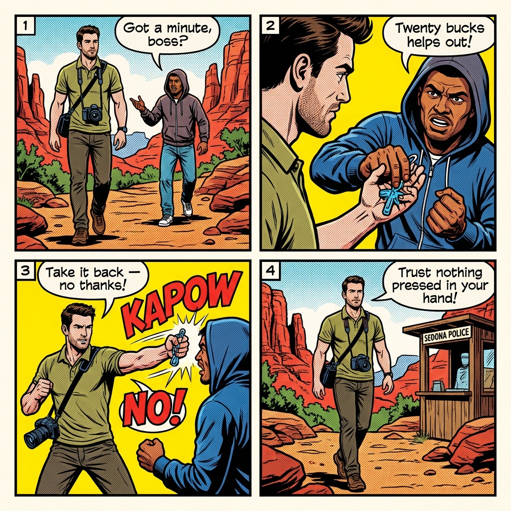 Sedona Art Gallery Pressure Sales & 'Certified Native American' Jewelr — comic illustration