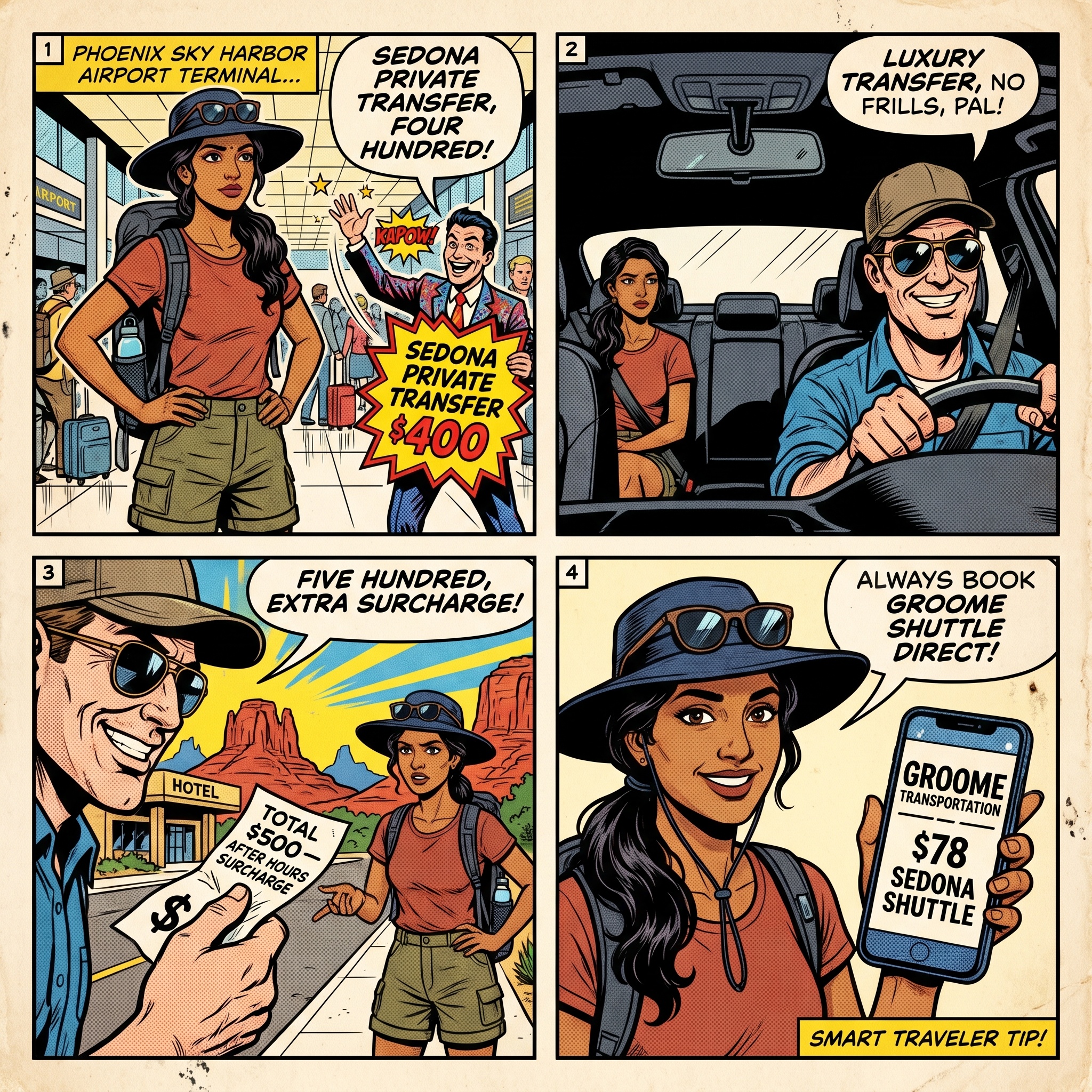 Sedona Airport & Phoenix-to-Sedona Transportation Scams — comic illustration