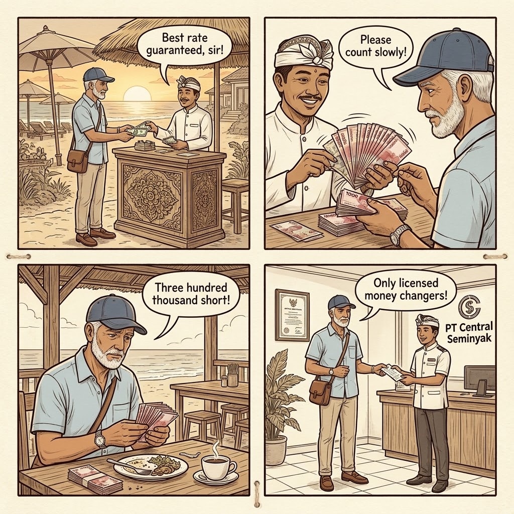 Seminyak Money Changer Sleight-of-Hand on Jalan Kayu Aya / Legian Corr — comic illustration