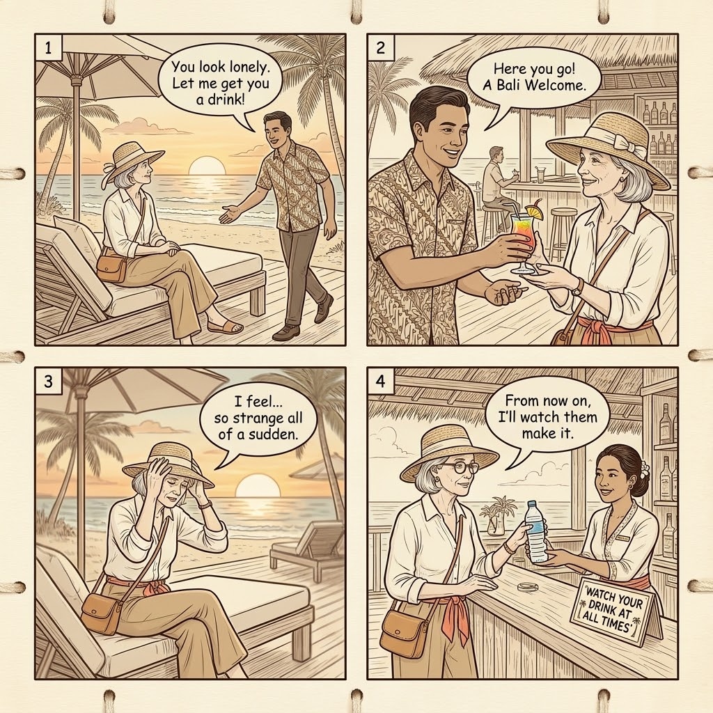 Seminyak Beach Club Drink Spiking at Finns / Atlas / Potato Head — comic illustration