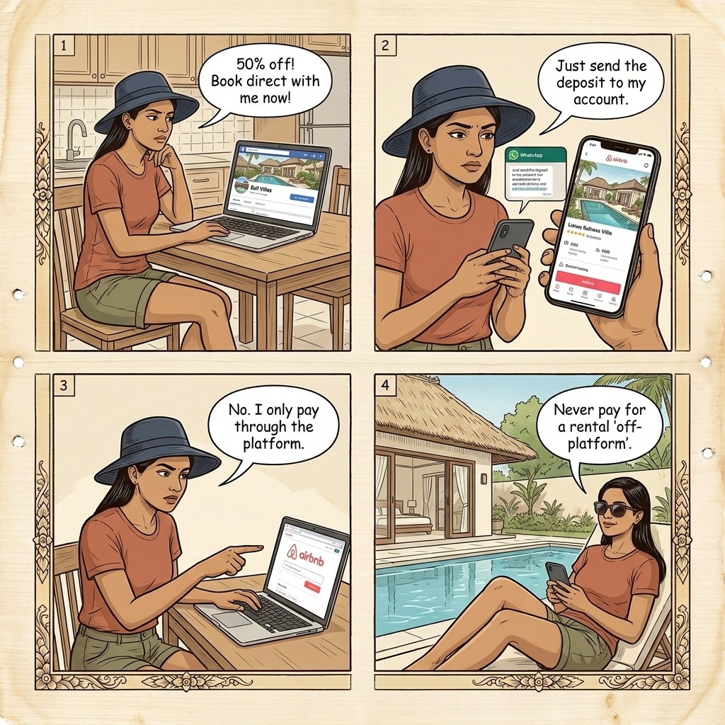 Seminyak Villa Rental Fake-Listing & Booking-Platform Fraud — comic illustration
