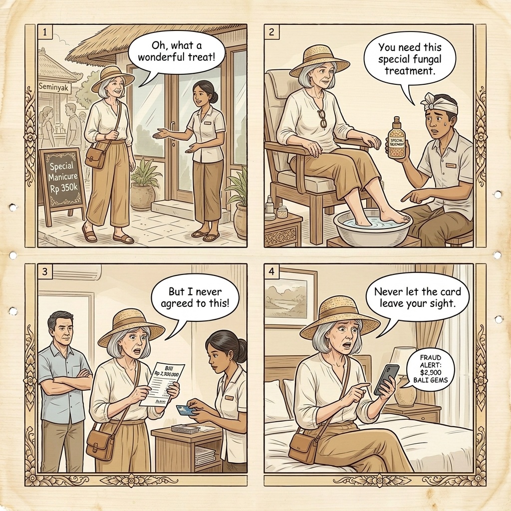 Seminyak Beauty Salon 'Add-On Service' Overcharge & Card-Fraud Scam — comic illustration