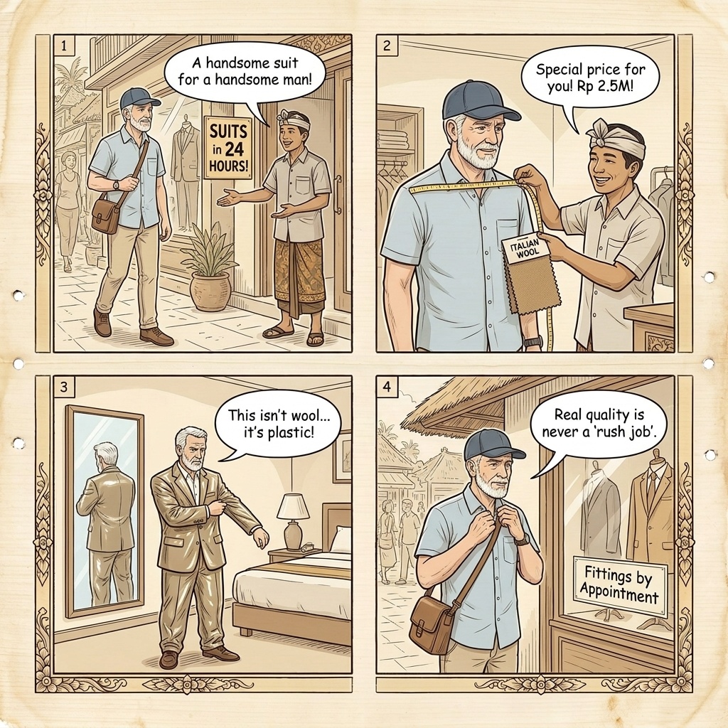 Seminyak Tailor 'Custom Suit' Bait-and-Switch Fraud — comic illustration