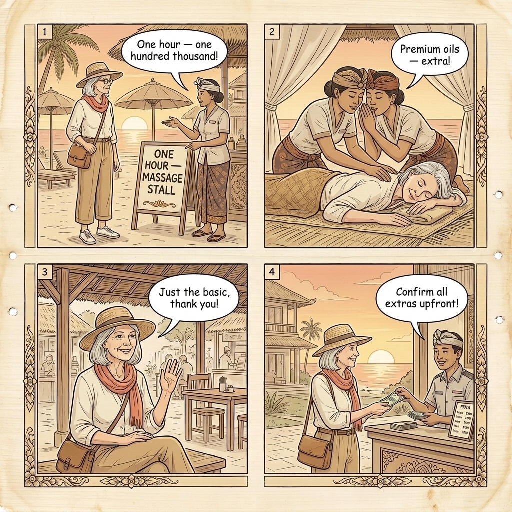 Seminyak Massage/Spa 'Extended Service' Pressure & Card-Fraud Overlay — comic illustration