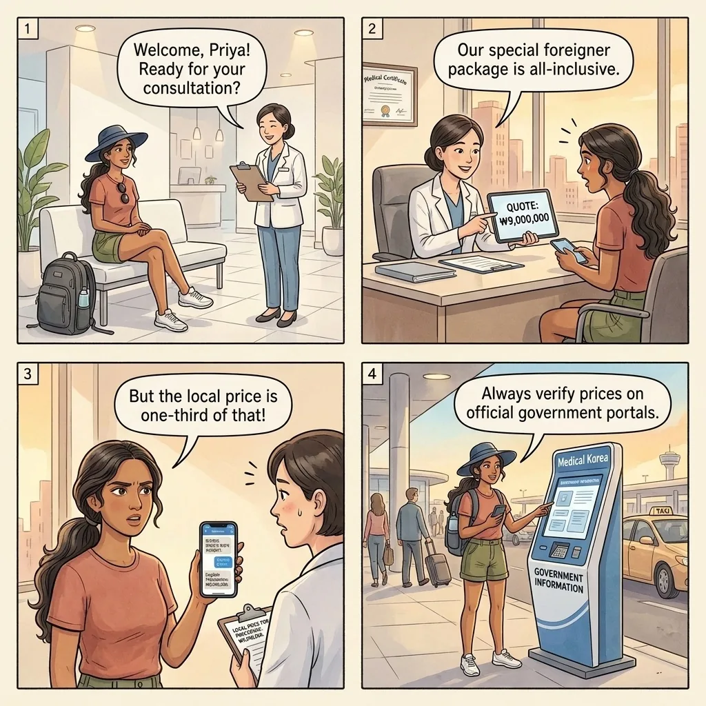 The Gangnam Plastic-Surgery Clinic Foreigner-Pricing Surcharge — comic illustration