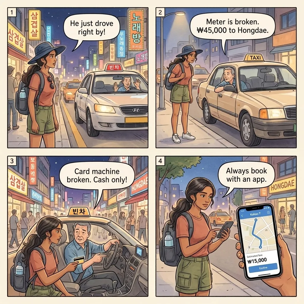 The Itaewon Friday-Night Taxi Refusal and Overcharge Combo — comic illustration