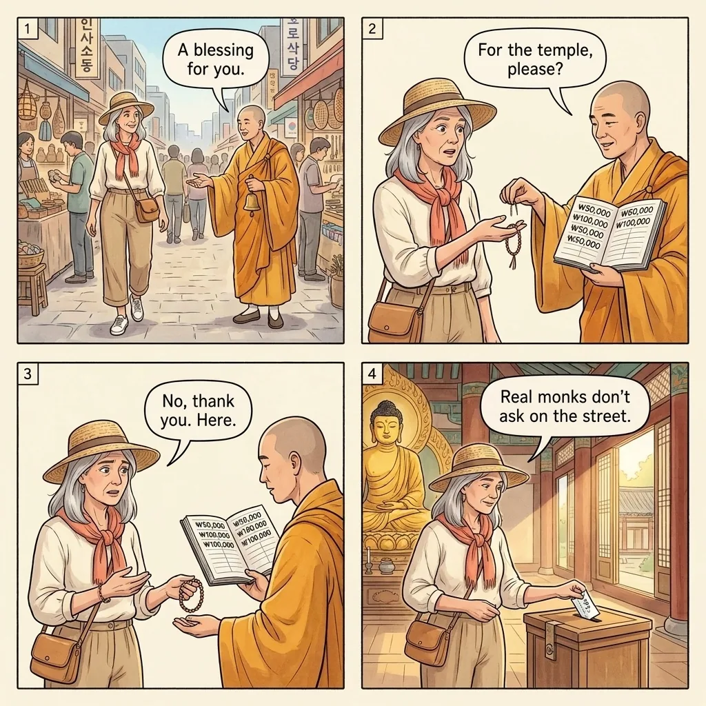 The Insadong 'Fake Monk' Donation Pitch — comic illustration