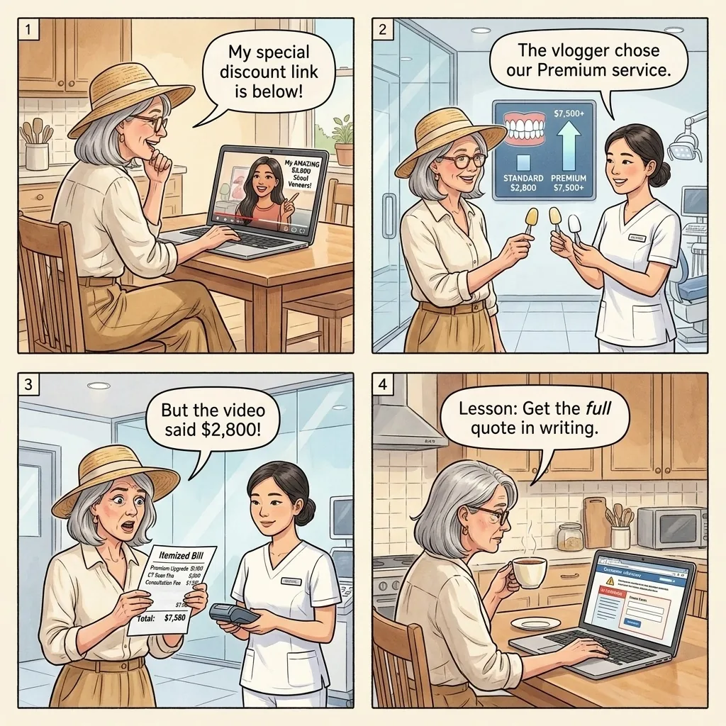 The Dental-Tourism Influencer Bait-and-Switch — comic illustration