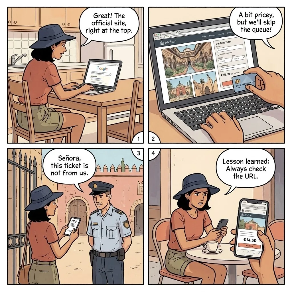 Fake Alcázar Ticket Websites — comic illustration