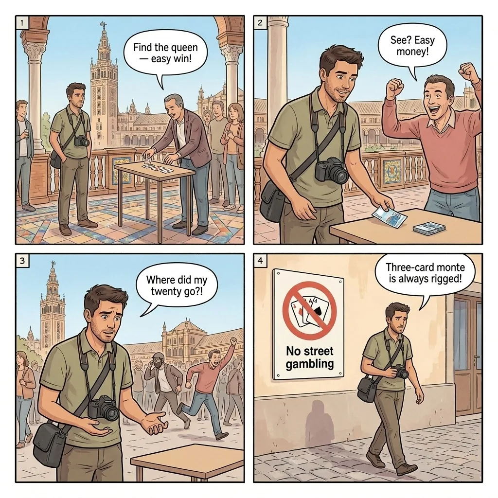 Three-Card Monte / Shell Game on Tourist Streets — comic illustration