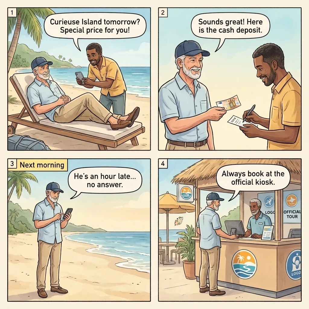 The Anse Volbert Beach-Boat Curieuse Scam — comic illustration