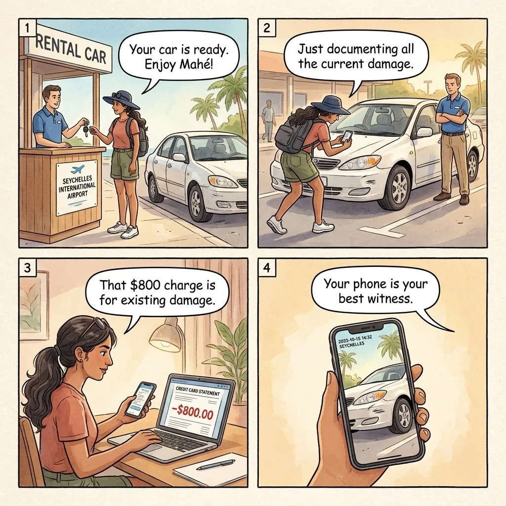 The Seychelles Airport Rental Damage-Claim Charge — comic illustration