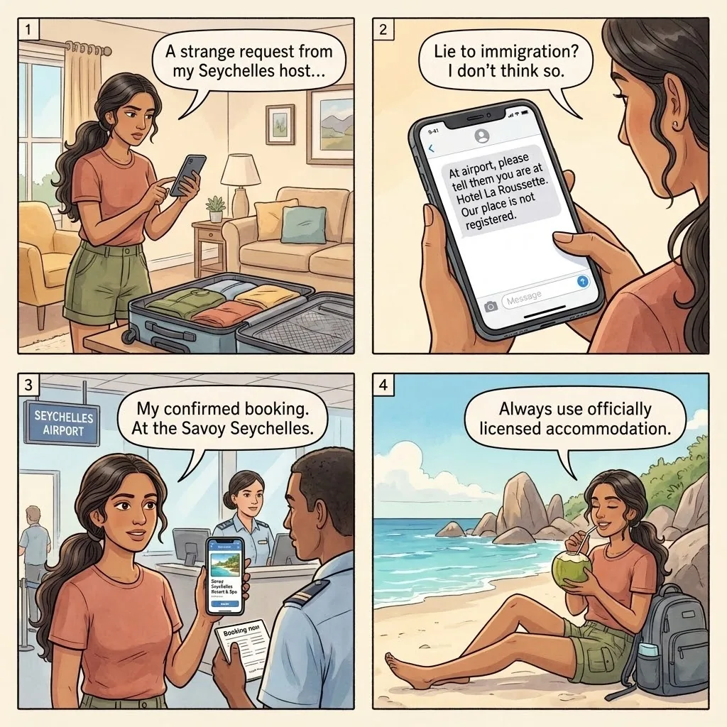 The Seychelles 'Tell Immigration a Hotel' Setup — comic illustration