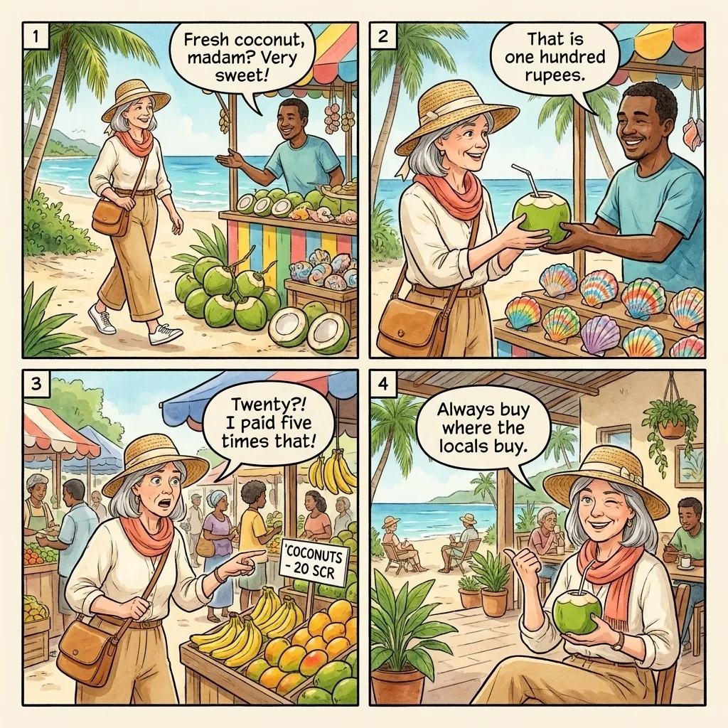 The Beau Vallon Coconut & Painted-Shell Markup — comic illustration