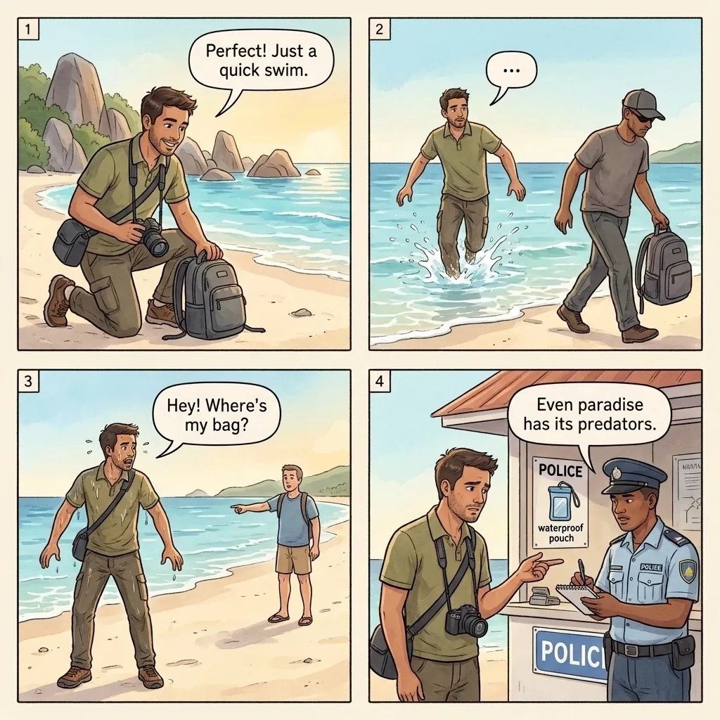 The Beau Vallon Beach Bag-Walk-Away — comic illustration