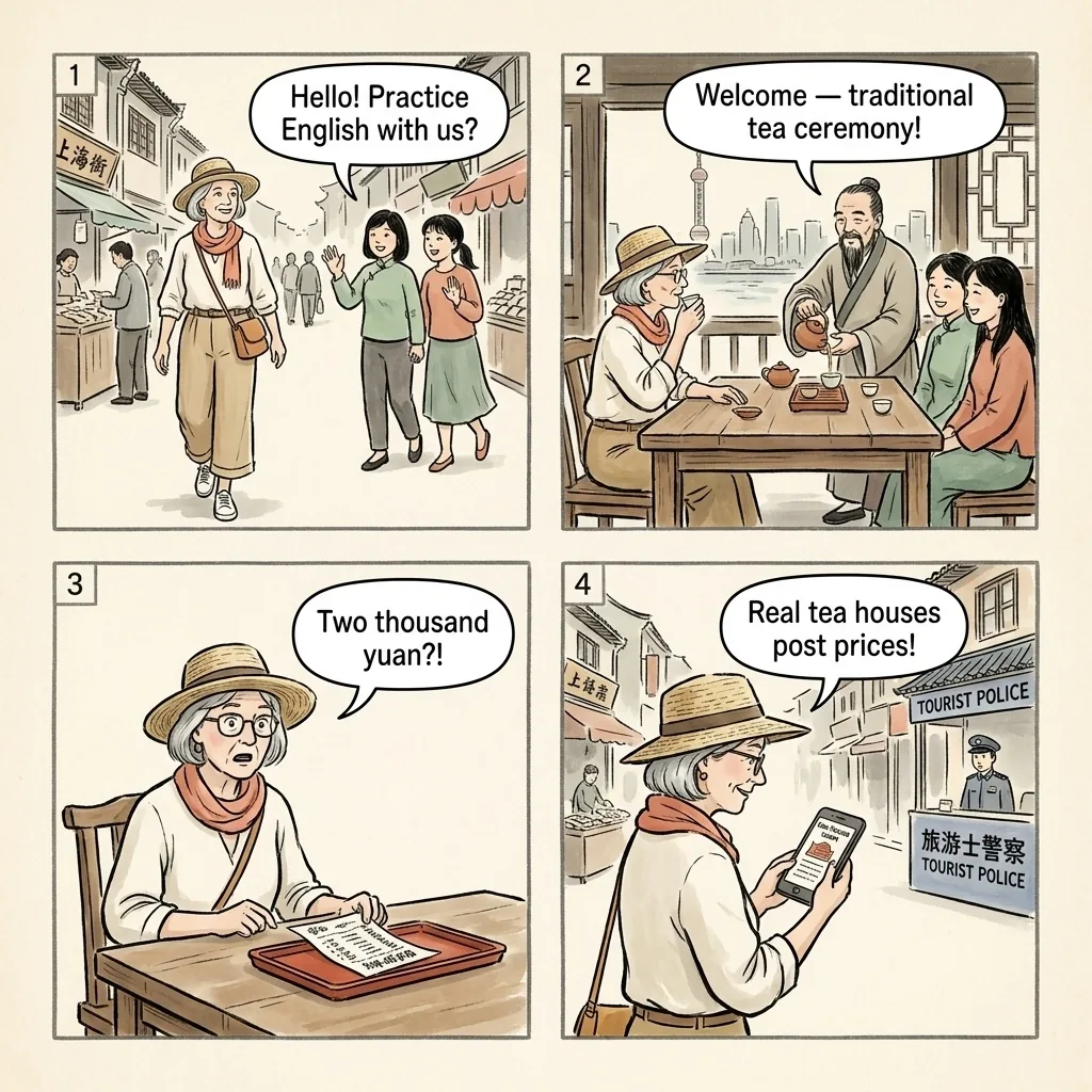 Nanjing Road Tea House / Bar Scam — comic illustration