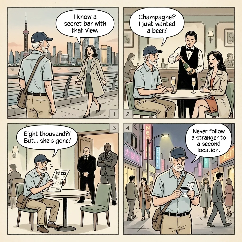 Bund & People's Square Wine / Champagne Bar Overcharge — comic illustration