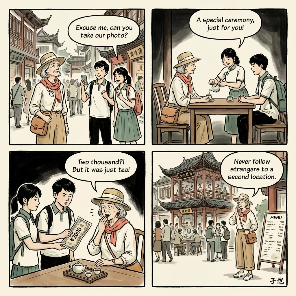 Shanghai Tea Ceremony Ambush at Yuyuan & The Bund — comic illustration