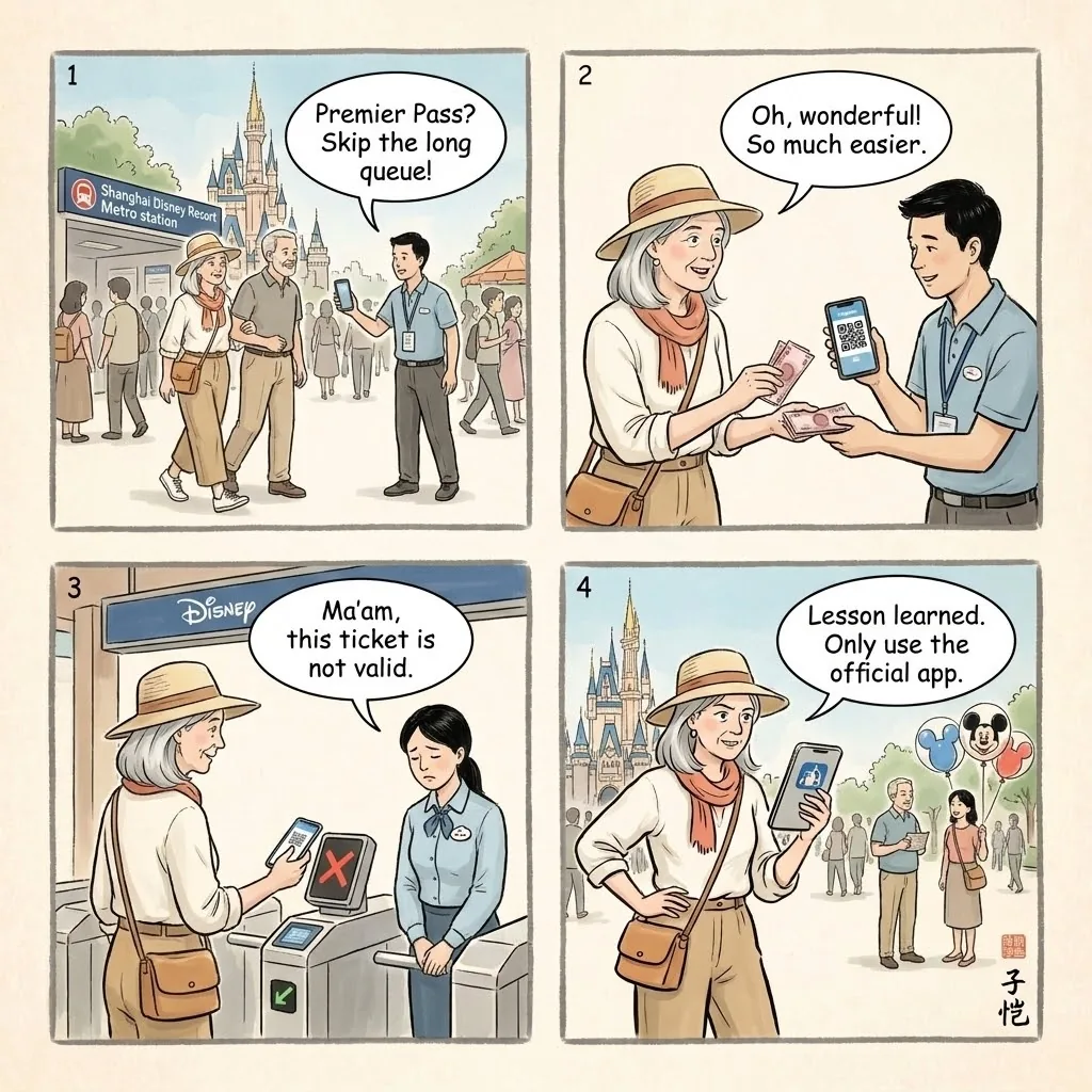 Shanghai Disneyland 'Fast Pass' & Fake Ticket Scams — comic illustration
