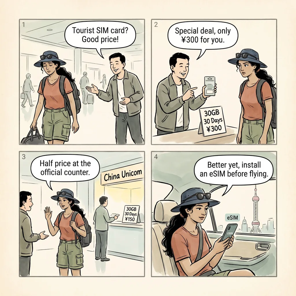 Pudong Airport SIM Card Tout Markup — comic illustration