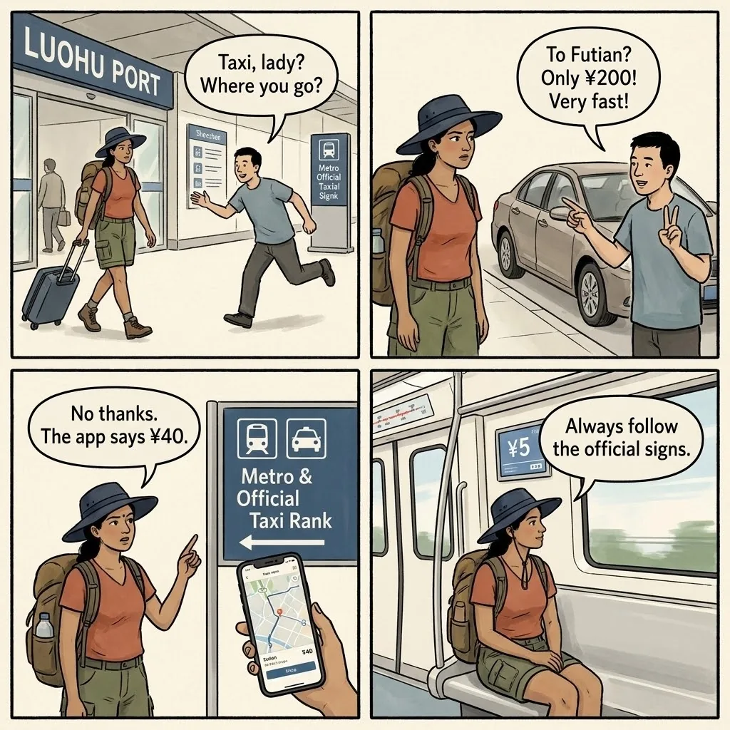 Luohu Border Crossing Fake Taxi & Unlicensed Cars — comic illustration