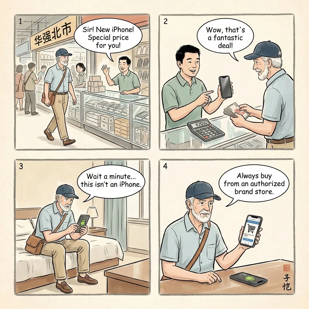Huaqiangbei Electronics Market Counterfeit & Bait-and-Switch — comic illustration