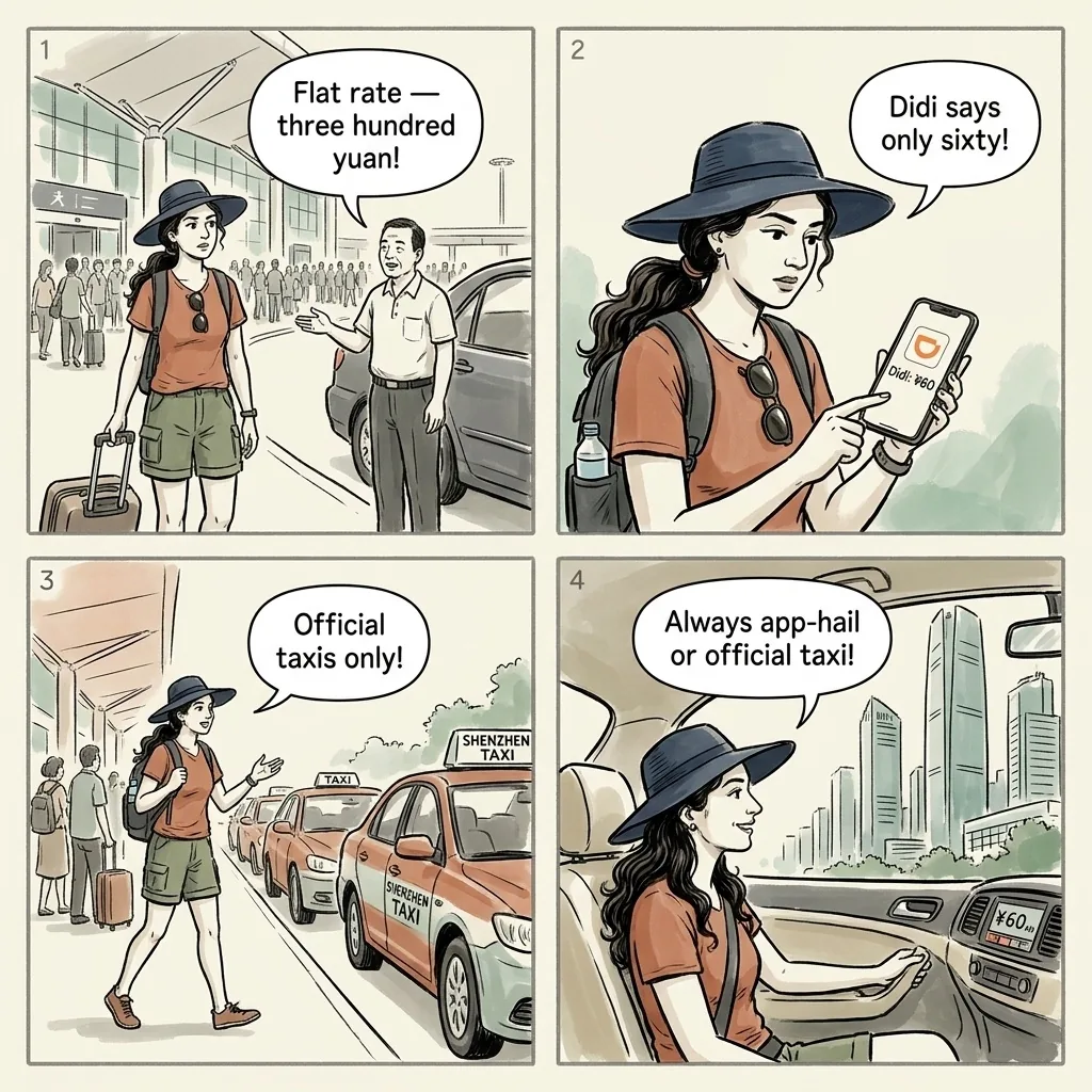 Shenzhen Airport Black Taxi & Meter Tampering — comic illustration