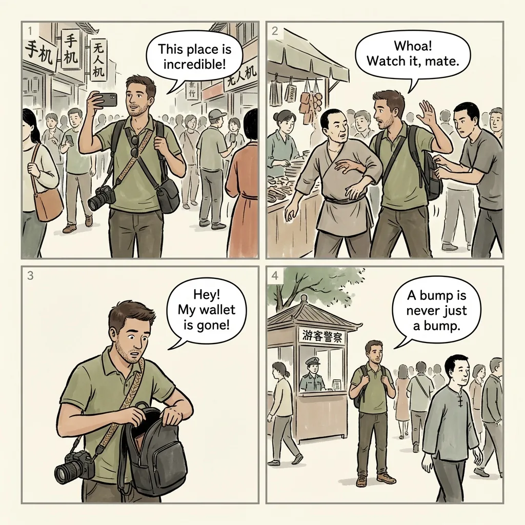 Shenzhen Dongmen & Huaqiang Pedestrian Street Pickpockets — comic illustration