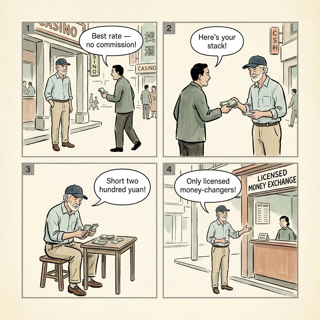 Fake Hong Kong Currency Exchange at Shenzhen Borders — comic illustration