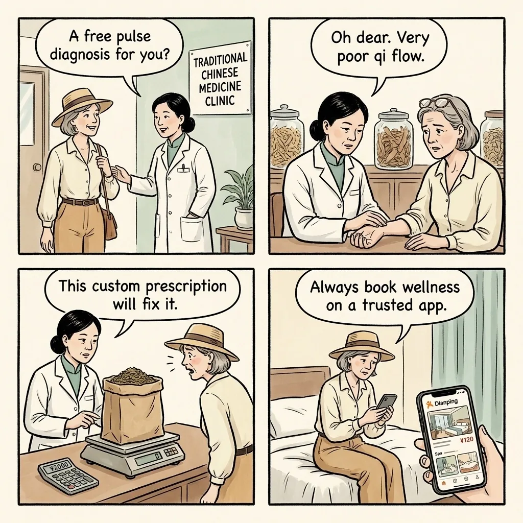Shenzhen Massage, Spa & 'Ocean Park' Overcharge Scams — comic illustration