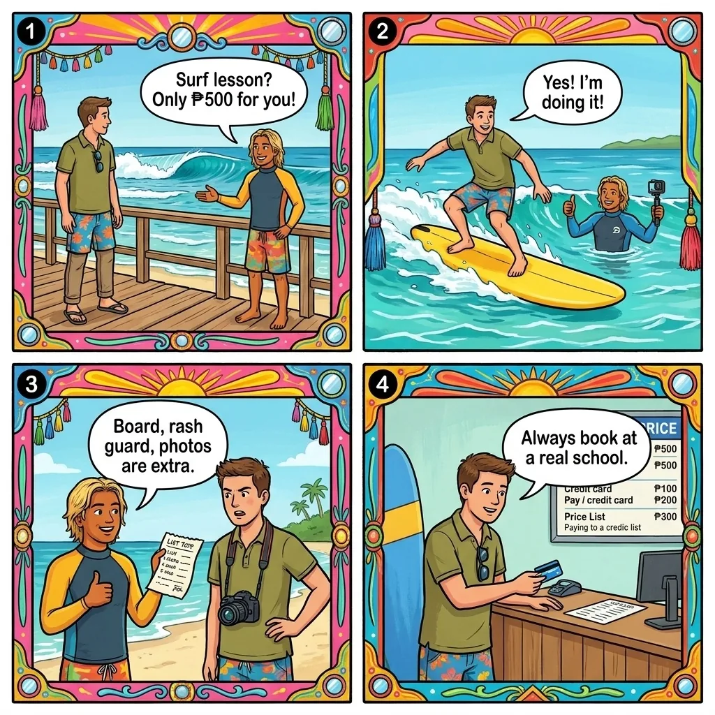 The Cloud 9 Surf-Lesson Equipment Add-Ons — comic illustration