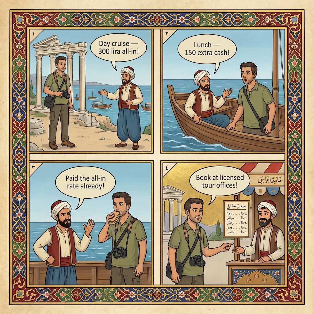 Manavgat Waterfall & Boat Trip Bundle Overcharge — comic illustration
