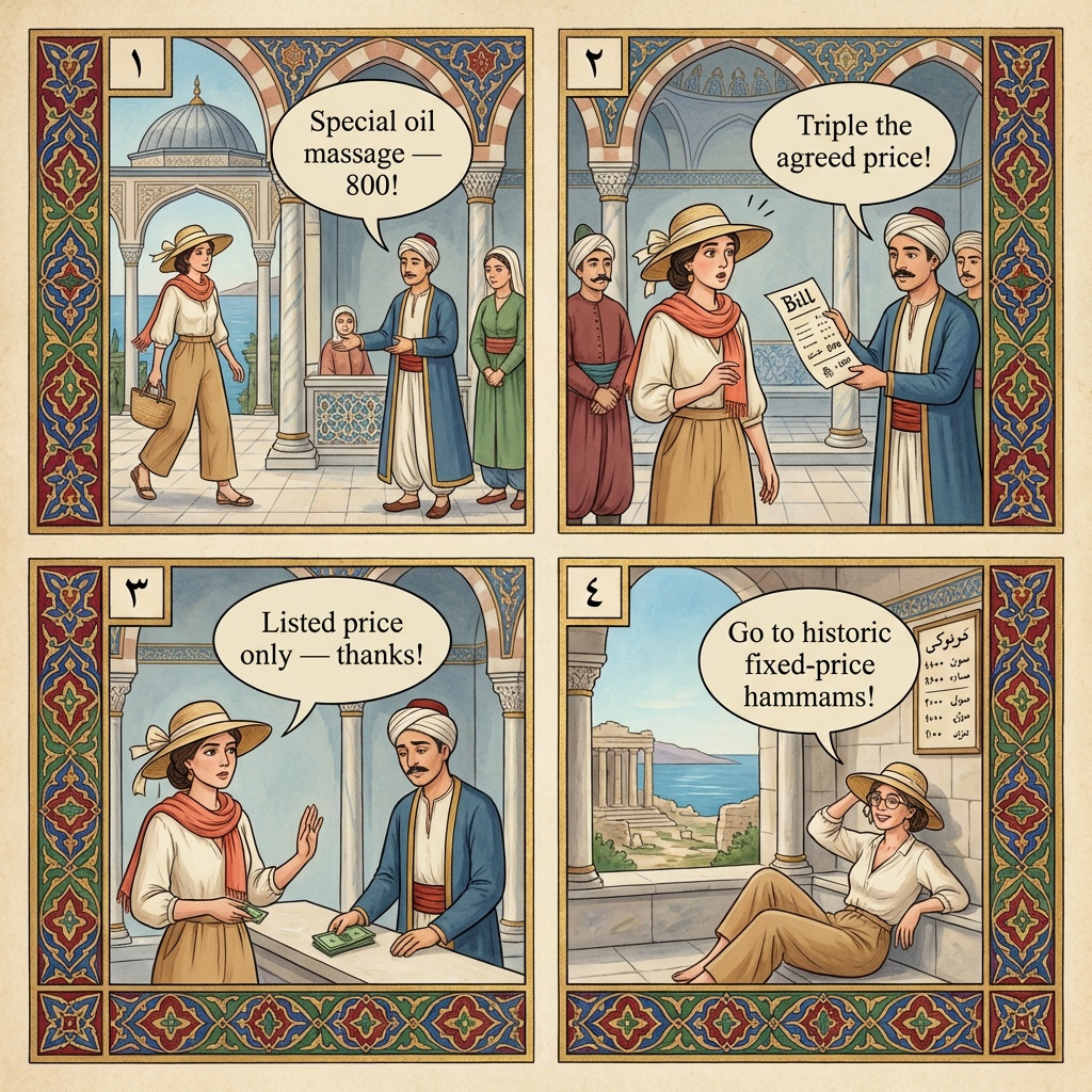 Side 'Authentic Hammam' Resort Bundle Scams — comic illustration