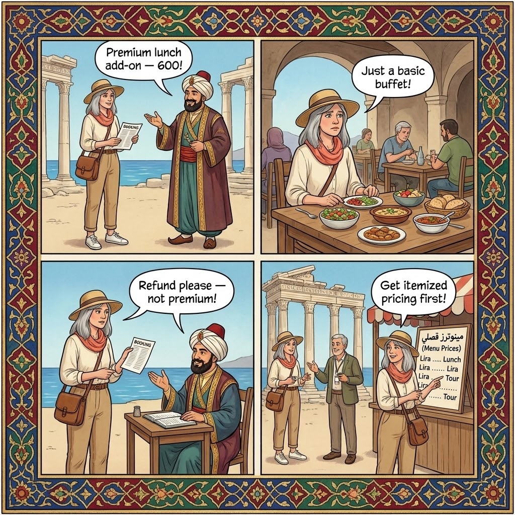 Aspendos & Perge 'Combined Day Tour' Bundle Overcharge — comic illustration