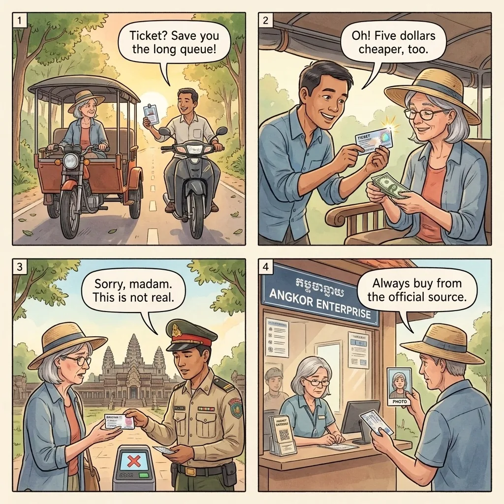 The Angkor Hologram Ticket Roadside Sale — comic illustration