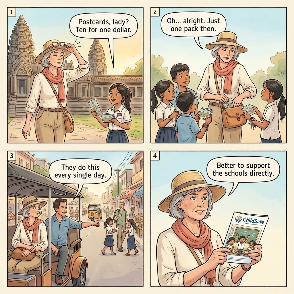 The Bayon Child-Vendor Postcard Loop — comic illustration
