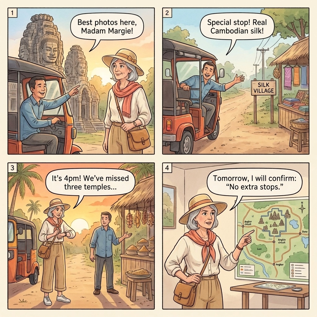 Siem Reap Angkor tuk-tuk silk-village detour scam comic — driver redirects sunrise temple route to silk village commission shop