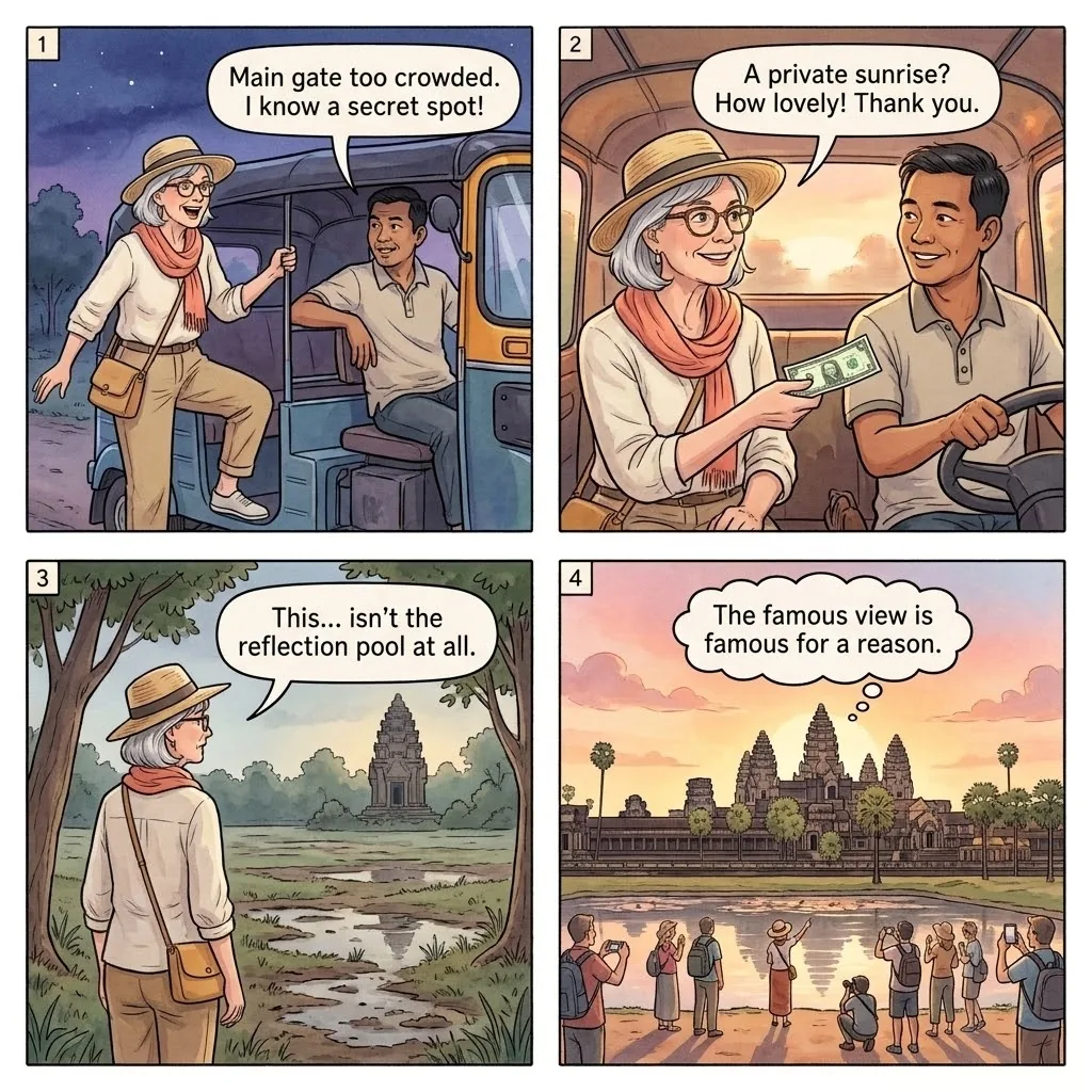 The Angkor Wat 'Secret Sunrise' Tuk-Tuk Detour — comic illustration