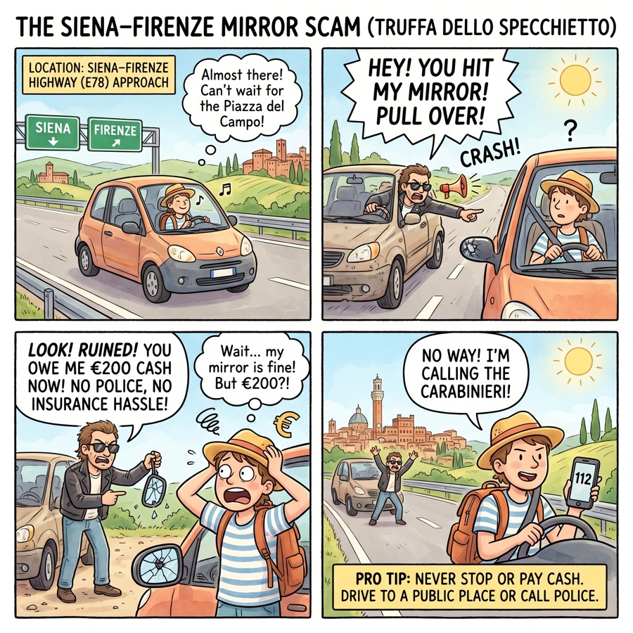 The Siena–Firenze Mirror Scam (Truffa dello Specchietto) — comic illustration