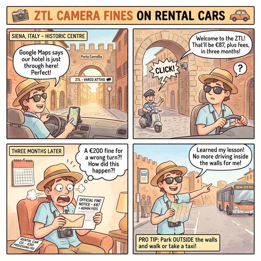 ZTL Camera Fines on Rental Cars — comic illustration